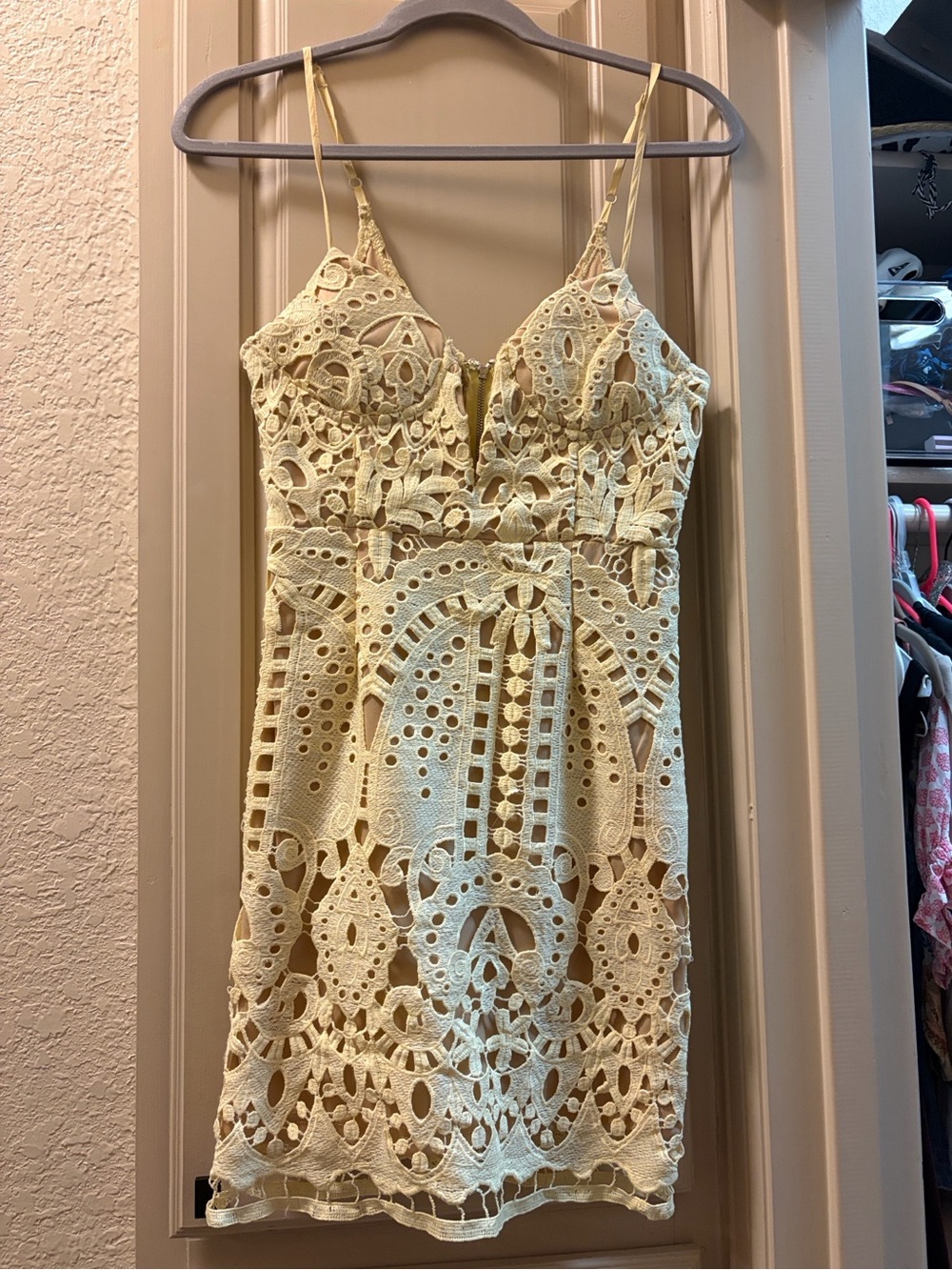 Luxxel Lace Eyelet Spaghetti Strap Mini Dress - yellow